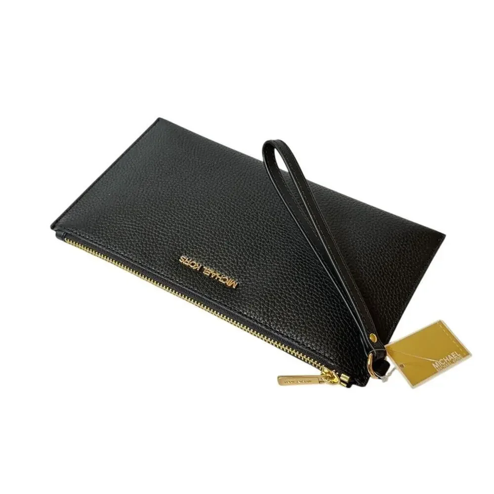 MICHAEL KORS Jet Set Large Leather Clutch Wristlet in Black New w/ Tag MSRP $258